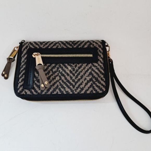 Spartina 499 Moonglow Leather & Linen Crossbody Clutch Black & Taupe - Picture 7 of 7